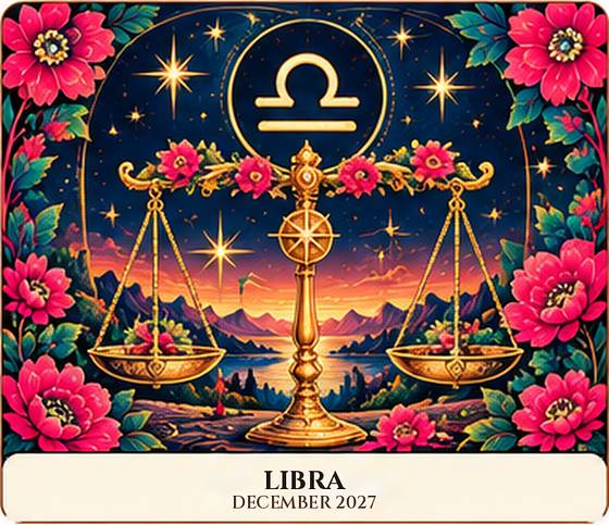 Libra December 2027 horoscope: floral zodiac card