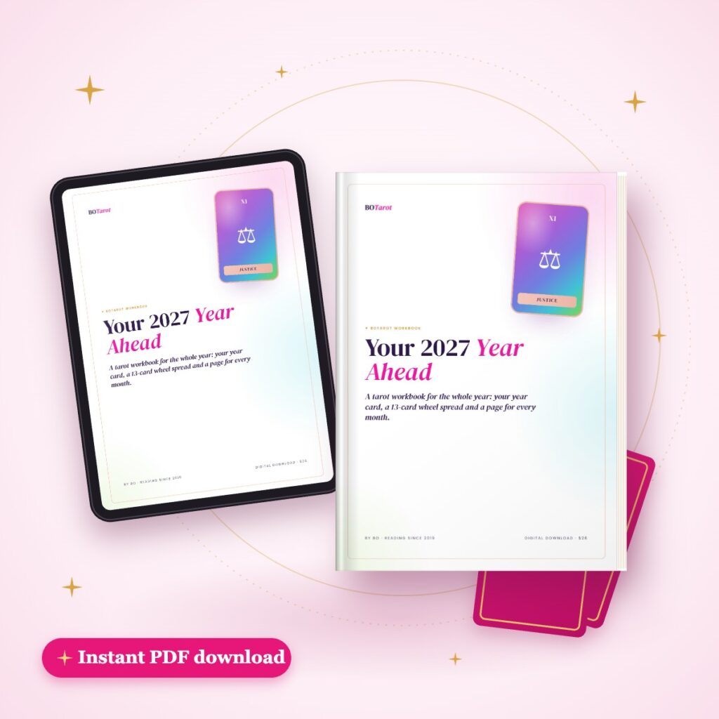 2027 Year Ahead Tarot Workbook PDF shown as a printed book and on a tablet